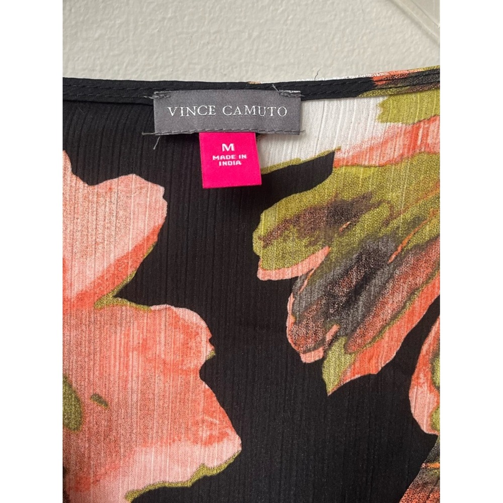 Vince Camuto Black Floral Wrap Style V Neck Short Sleeve Blouse Womens Medium - Picture 3 of 6